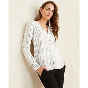 Ann Taylor Womens Large Long Sleeve V Neck Blouse White Black Printed Shirt Top